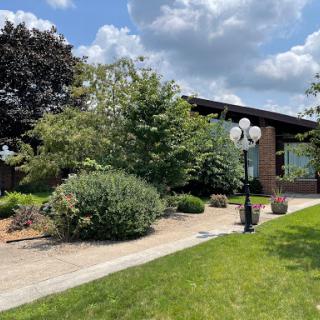 A serene outdoor space featuring lush greenery and a pathway leading to a building.