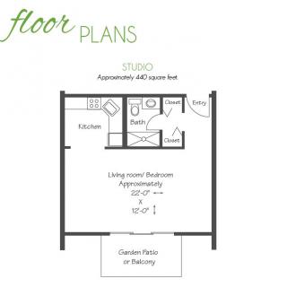 Studio apartment floor plan with approximately 402 square feet.
