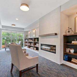 A modern living room with a fireplace, open shelves, and elegant furniture, bathed in natural light from large windows.