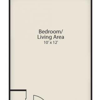 A floor plan of a studio apartment with a bedroom/living area measuring 10 by 12 feet.