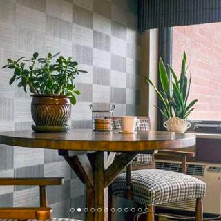 Cozy home interior with plants on a round table beside a window.