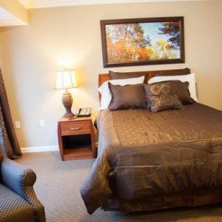 A cozy bedroom with a large bed, bedside table, and lamp, decorated with warm tones and a nature painting on the wall.