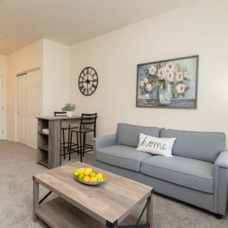 A cozy living room with a grey sofa, wooden coffee table, and decorative wall art.