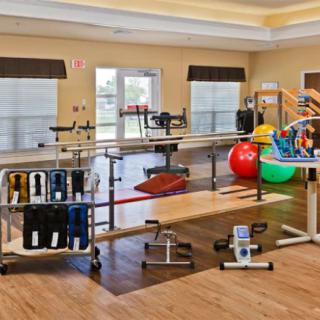 A rehabilitation facility equipped with parallel bars, colorful therapy balls, and various exercise equipment.
