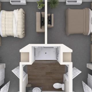Top view of a floor plan showing two bedrooms and a shared bathroom.