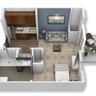 A 3D rendering of a compact apartment floor plan featuring a living room, bedroom, kitchen, and bathroom.