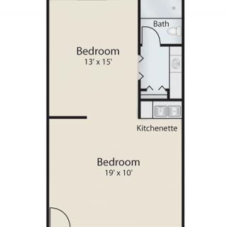 A floor plan illustration showing a two-bedroom apartment with a kitchenette and a bathroom.
