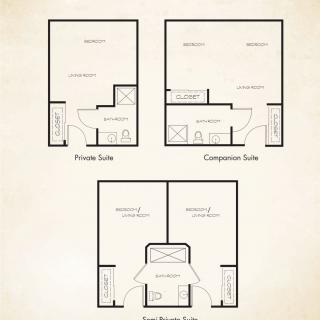 A set of three floor plans showing different suite designs, including a private suite, companion suite, and shared area.