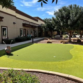 A sunny day at a putting green next to a building, surrounded by trees and landscaping.