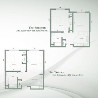 Floor plans of two different one-bedroom apartments labeled 'The Sonata' and 'The Vista'.
