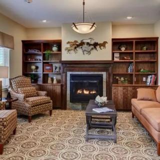 A cozy living room with a fireplace, surrounded by bookshelves and comfortable seating.