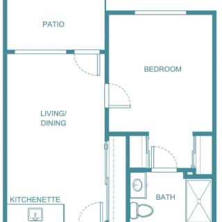 A floor plan of a one-bedroom apartment featuring a living room, kitchenette, bathroom, and patio.