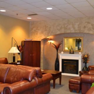 A cozy living room with leather sofas and elegant decor, featuring a fireplace.