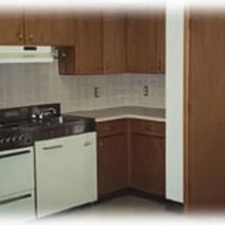 A small kitchen with wooden cabinets, a stove, and a dishwasher.