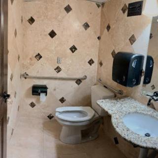 A modern bathroom featuring elegant wall tiles and accessible fixtures.