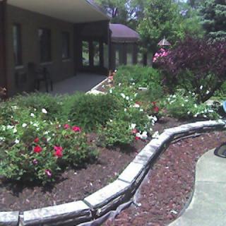 A beautifully landscaped garden with blooming flowers and a walkway.