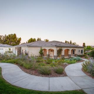 A beautifully landscaped house with a winding driveway at sunset.