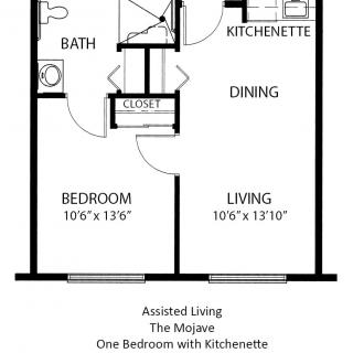 Floor plan of an assisted living one-bedroom apartment with a kitchenette.