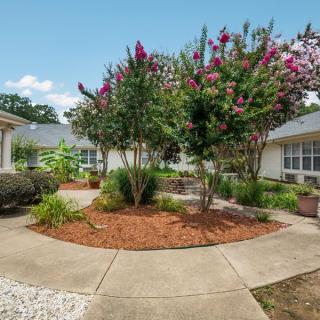 A peaceful courtyard garden with colorful flowers, shrubs, and a surrounding walkway.