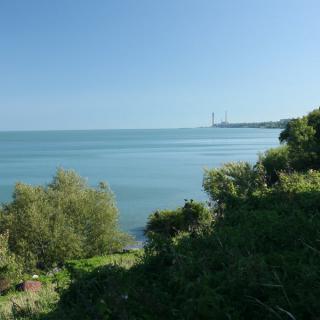 A tranquil view of the coastline with calm sea waters and lush greenery under a clear blue sky.