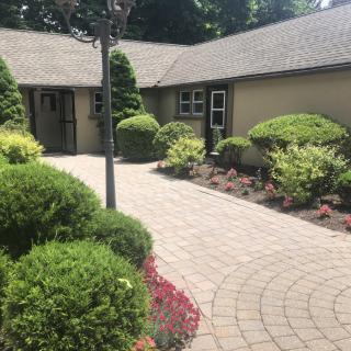 A beautifully landscaped house exterior with a paved pathway and neatly trimmed bushes.