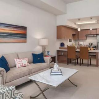 A modern living room with an open floor plan featuring a sofa, coffee table, kitchen, and dining area.