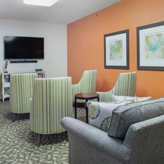 A cozy living room with modern furniture and an orange accent wall.