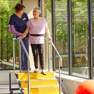A healthcare professional assists an elderly patient during a physical therapy session on a stair apparatus.