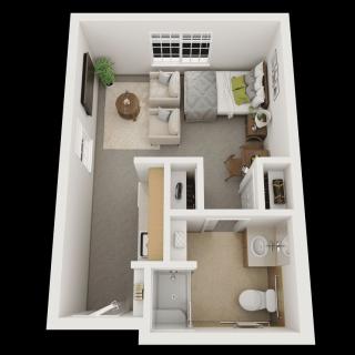 A 3D model of a compact studio apartment with designated areas for living, sleeping, and a small kitchen and bathroom.