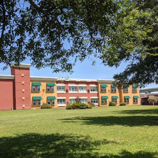 A sunny view of a school building surrounded by green grass and trees.