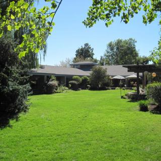 A spacious lawn with lush greenery surrounding a house under a clear blue sky.