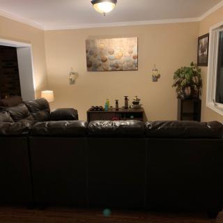 A cozy living room with a large sofa, artwork on the wall, and plants adding a touch of greenery.