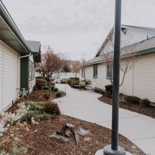 A pathway lined with trees and bushes between buildings on an overcast day.