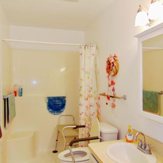 A brightly lit bathroom featuring a shower, toilet, and sink with decorative items.