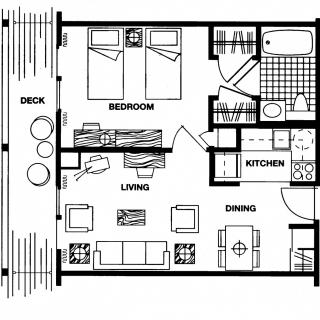 A detailed floor plan of an apartment featuring a bedroom, living room, kitchen, dining area, bathroom, and deck.
