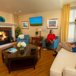 A cozy living room with a fireplace, television, and people seated comfortably.