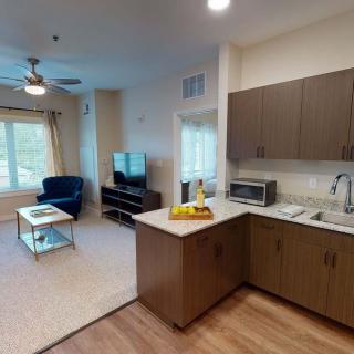 A modern apartment with an open floor plan featuring a cozy living room and a compact kitchen.