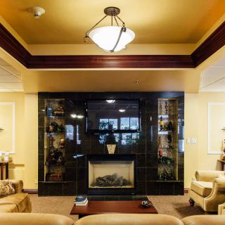 A cozy living room with a central fireplace and elegant decor.