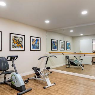 A modern home gym featuring a stationary bike, mirrors, and framed artwork on the walls.