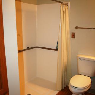 A bathroom featuring a shower with a curtain and a toilet.