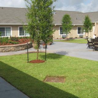 A well-maintained courtyard with a grassy lawn, young trees, and outdoor seating surrounded by a building.