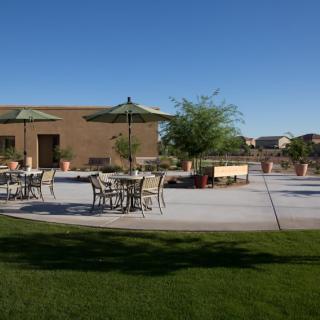 A sunny outdoor patio with tables, chairs, and umbrellas on a grassy area.