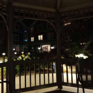 A serene nighttime view from a gazebo overlooking a well-lit garden.