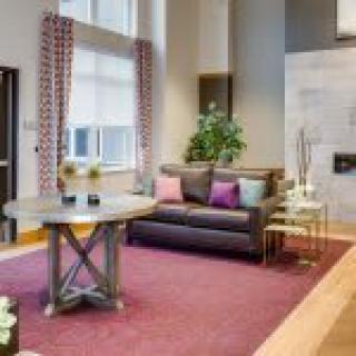 A modern living room with a cozy sofa, colorful cushions, and a stylish coffee table on a vibrant rug.