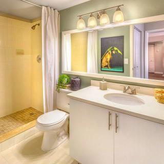 A modern bathroom featuring a walk-in shower, sink, and toilet with elegant lighting.