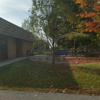 A peaceful park area showcasing a building, a tree with autumn leaves, and a playground in the background.