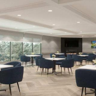 A modern dining area featuring elegant blue chairs and a well-lit ambiance.