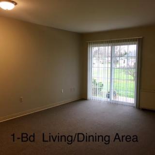 Empty living and dining area of a one-bedroom apartment with sliding glass doors.
