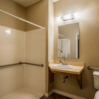Accessible bathroom with a walk-in shower, sink, and handrails.