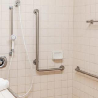An accessible shower with grab bars and a handheld showerhead.
